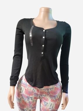 Victoria's Secret Black Ribbed Henley Long Sleeve Top